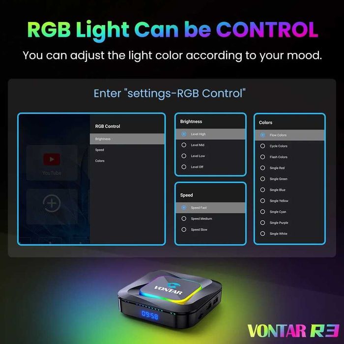 TV Box 4K Vontar R3 Android 13, RK3528 Quad Core, 4 GB RAM, 32 GB Stocare, Wifi 6, HDR10, Iluminare RGB NOU