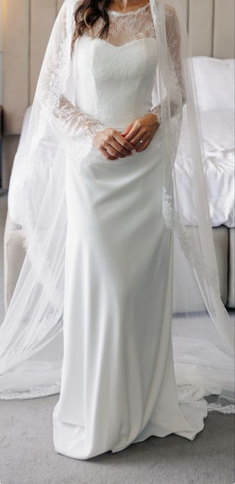 Rochie de mireasă din mătase naturală, cu voal Chantilly de 2,5 m