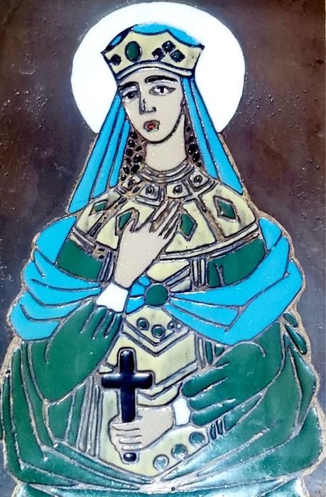 Антикварна икона емайлиран метал в дървена рамка ръчно изработена