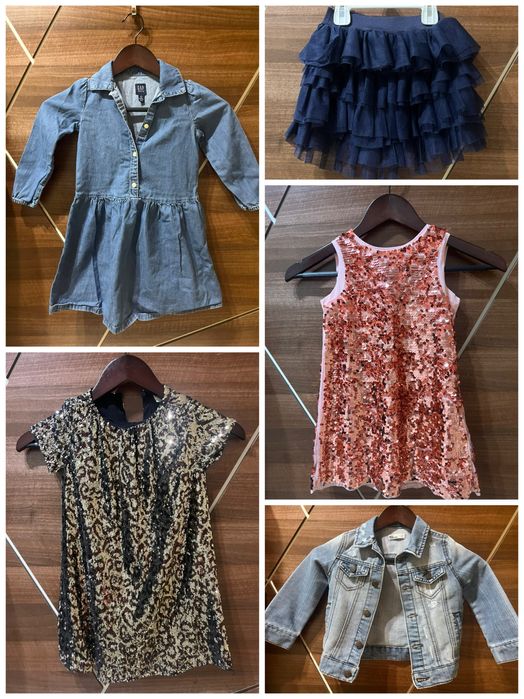 Дрехи за момиченце, рокли пайети, дънкена рокля и яке