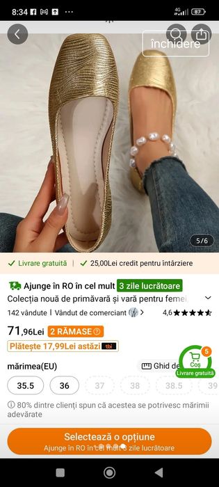 Balerini aurii noi 26,5 cm interior