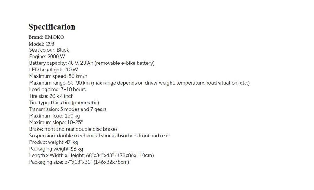 Електрически велосипед/колело EMOKO C93 2000W 23AH