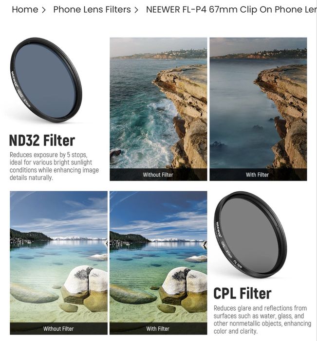 ORIGINAL NEEWER FL-P4 67 mm smartfon uchun obyektiv filtrlar to‘plami