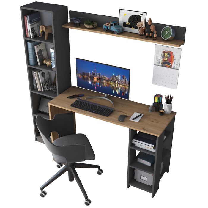 Практично бюро с етажерка Puzzle-home 2699, Антрацит/Орех - ПРОМОЦИЯ