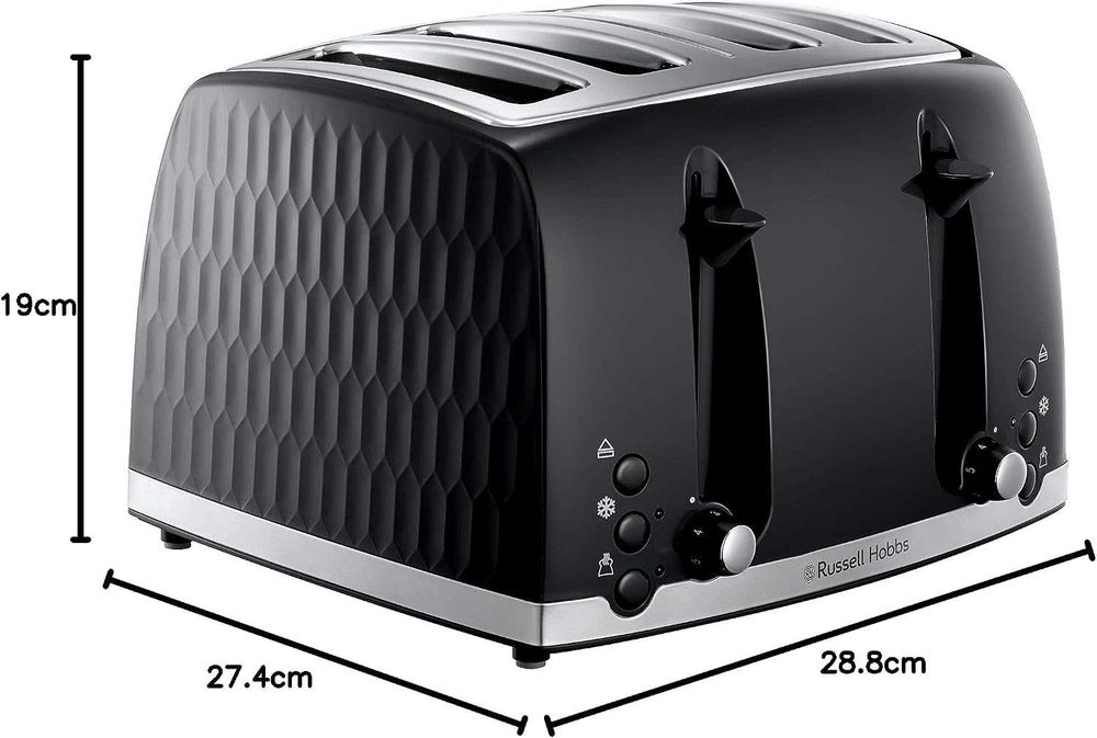 Тостер Russell Hobbs Honeycomb за 4 филии, 6 нива на препичане, функция за замразяване/отказ/претопляне, подвижна тава за трохи, 1500W, UK ЩЕПСЕЛ
