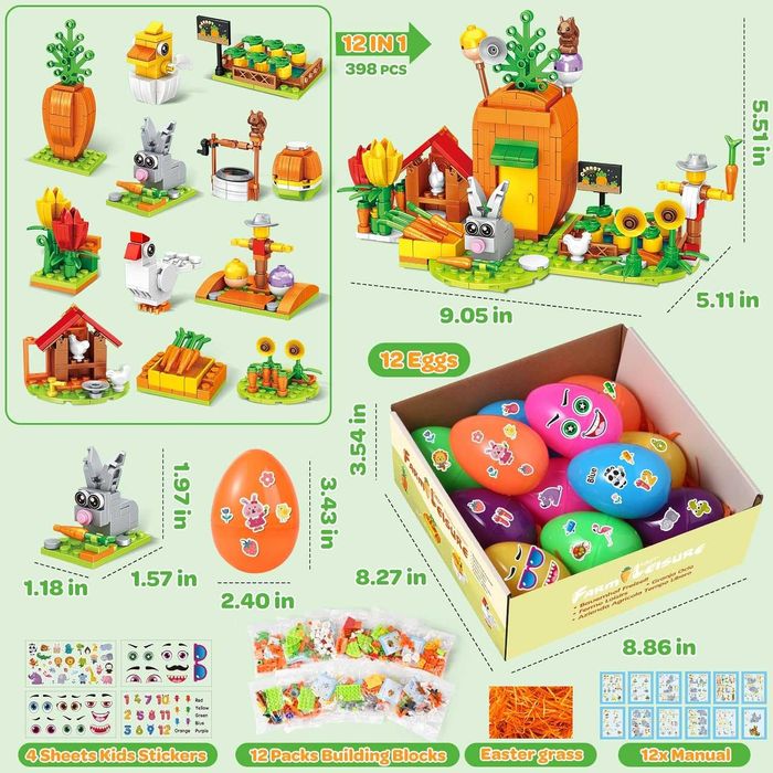 MOONTOY 12 великденски яйца,12 играчки-строителни блокчета и 4 стикера