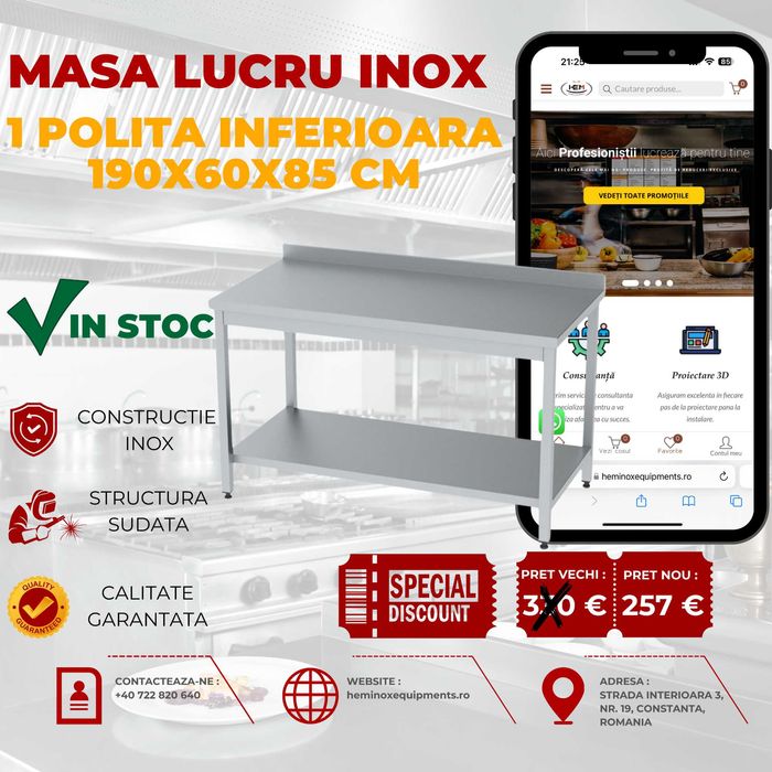 Masa De Lucru Inox Cu o Polita În Stoc Diferite Dimensiuni
