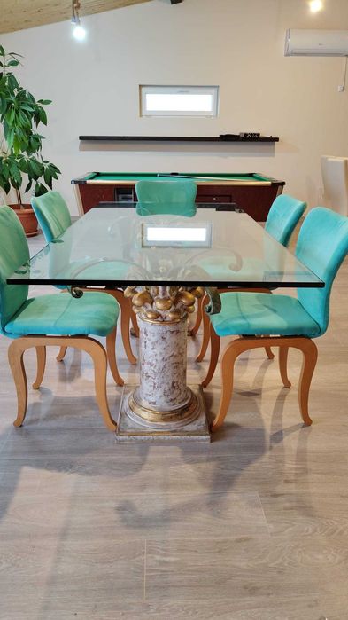 Masa de sticla stil neoclasic cu suport coloane romane/grecesti