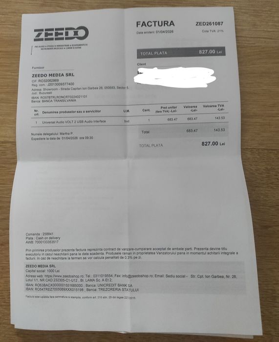 Vând interfață audio UAD VOLT 2 nouă cu garanție
