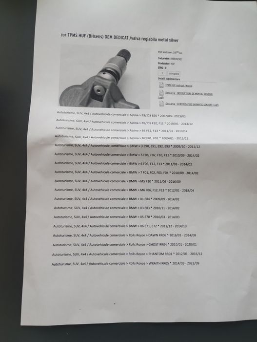 Senzori Presiune roti Originali BMW cu valve metalice.