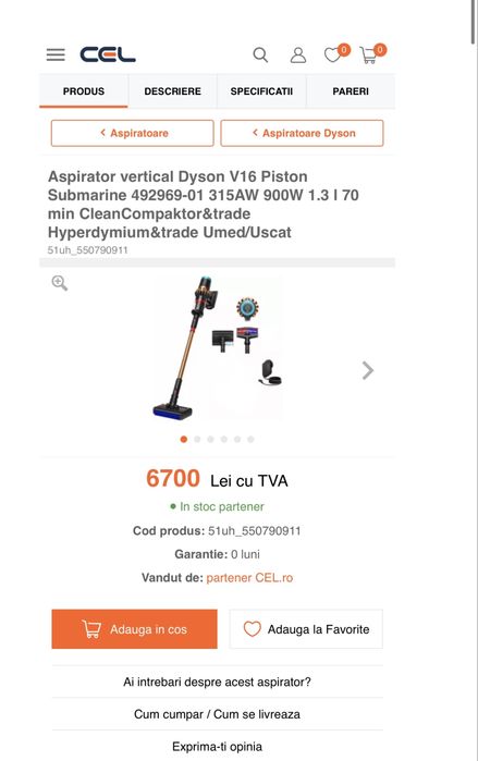 Aspirator fara fir Dyson v16 piston animal submarine nou, original