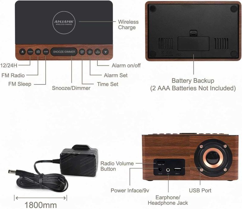 Стилен дървен радио будилник ANJANK