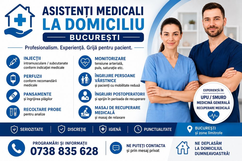 Asistenți medicali la domiciliu București - Ilfov –injecții, perfuzii, pansamente, analize, masaj