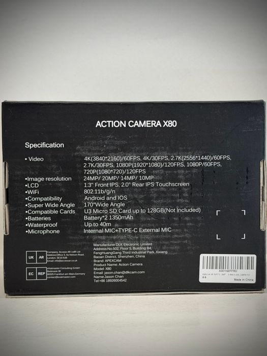 Action camera Apexcam X80 24MP 4K Ultra HD cu Ecran Tactil 2" și Wi-Fi  - Noua - Garantie !!!