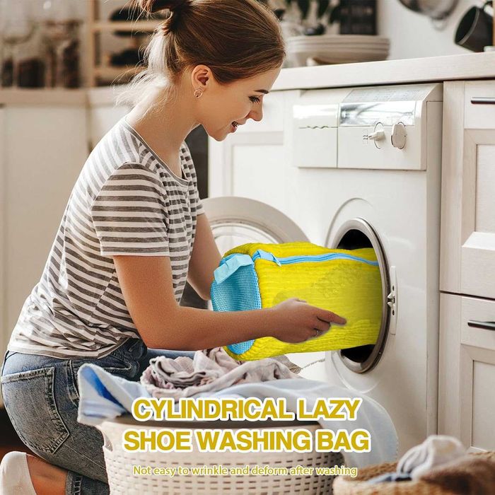 Плюшена чанта за пране на обувки в пералня. Жълта с цип.