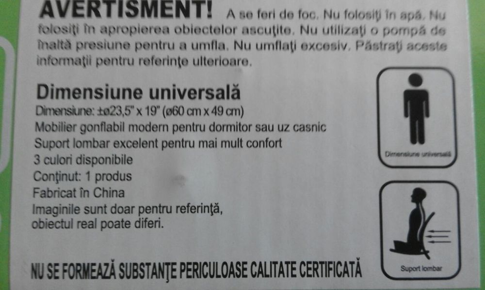 Fotoliu gonfl. ptr copii, suport lombar, 60x49cm, nou, sigilat