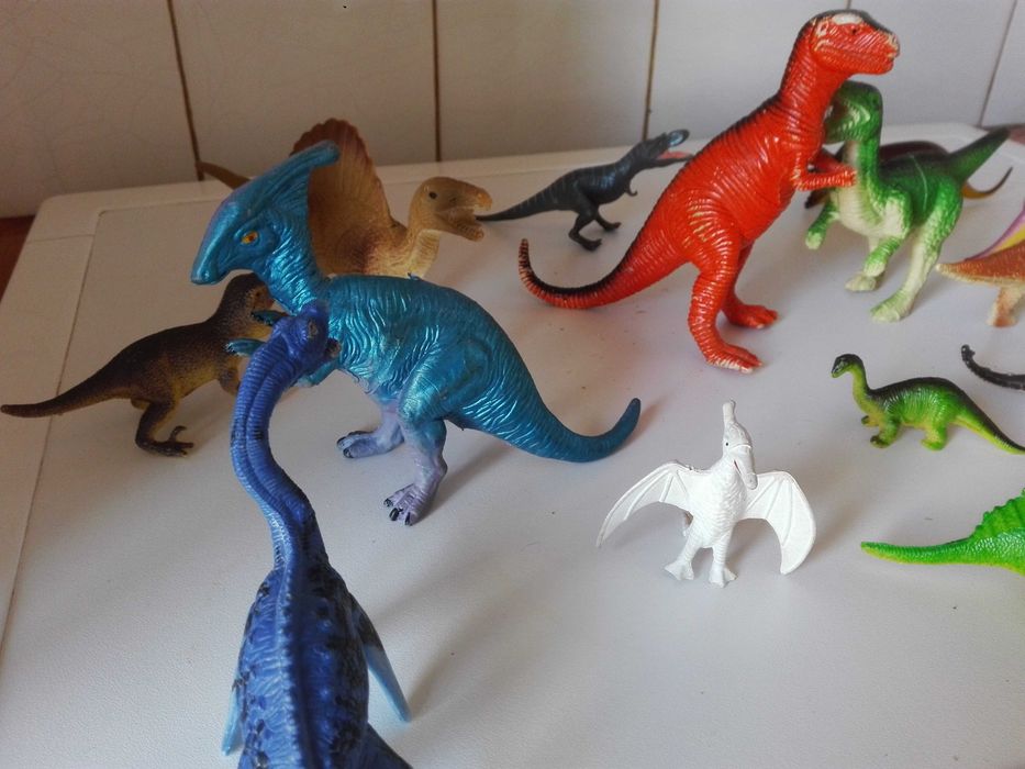 Две стари картини графика , пластмасови животни и ламаринен луноход .