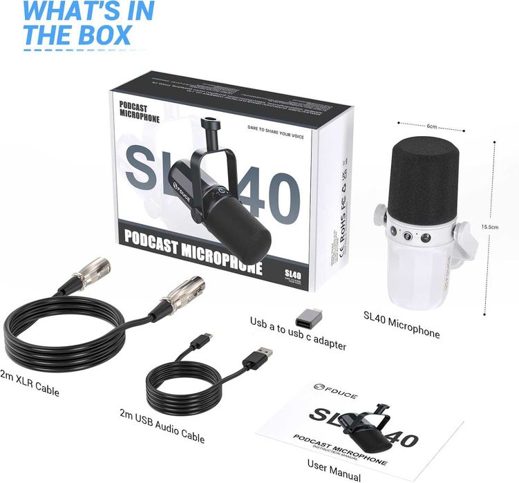 Microfon Dinamic FDUCE SL40 USB/XLR Alb - Podcast/Gaming/Studio