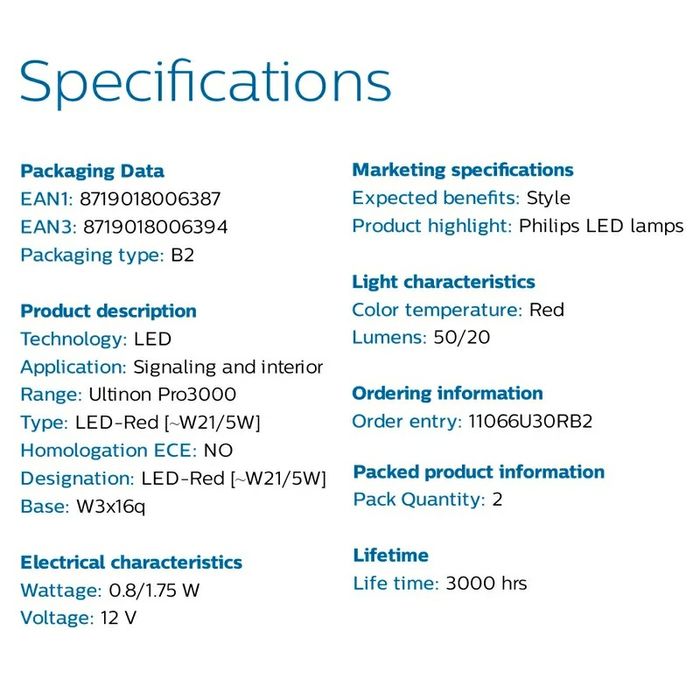Set 2 Becuri Led Philips T20/7440  Culoare Rosie -Canbus