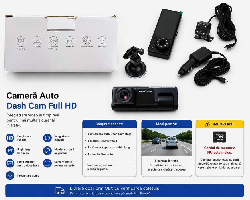 Cameră Auto Dash Cam Full HD + Camera Spate – Ecran LCD – Înregistrare în Buclă