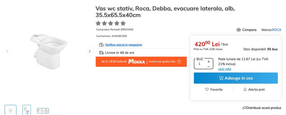 Vas wc stativ, Roca, Debba, evacuare laterala, alb + rezervor + capac