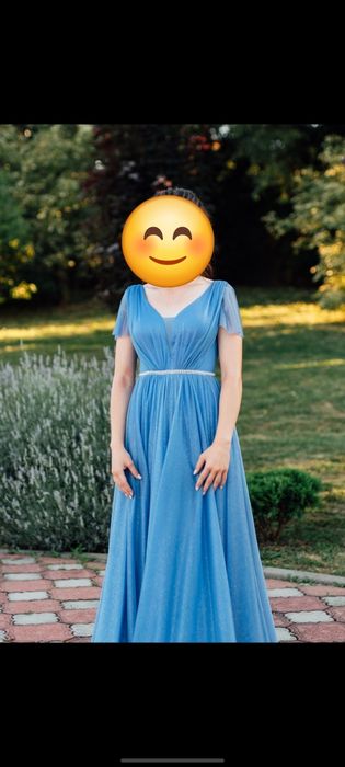 Rochie de ocazie, XS-S, lungă, Baby blue cu paiete fine argintii