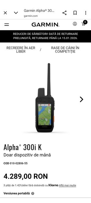 Garmin Alpha 300K și zgardă Alpha T20k in garanție martie 2026