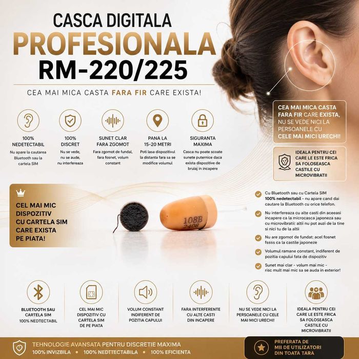 Casca de copiat - Sisteme de copiat Digitala RM-220/225, cea mai Mica care exista 4.8mm, Wireless, Nebruiabila