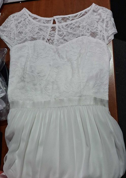 Rochie lunga DRESSTELLS, marimea 2XL, dantela si sifon, alb