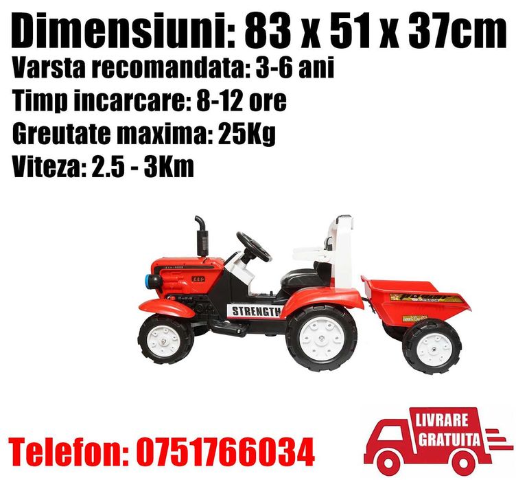 Tractor Copii Baiat Baieti cu Baterie si Remorca Rosu + LIVRAT GRATUIT