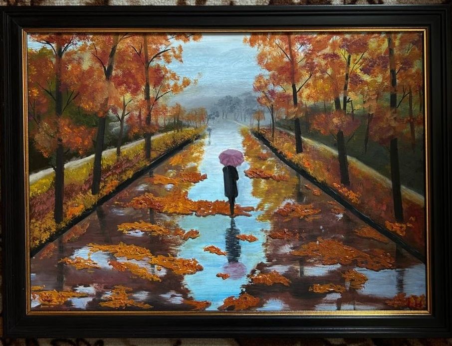 Картина,написанная маслом и частично акрилом.Название Осенний дождь.