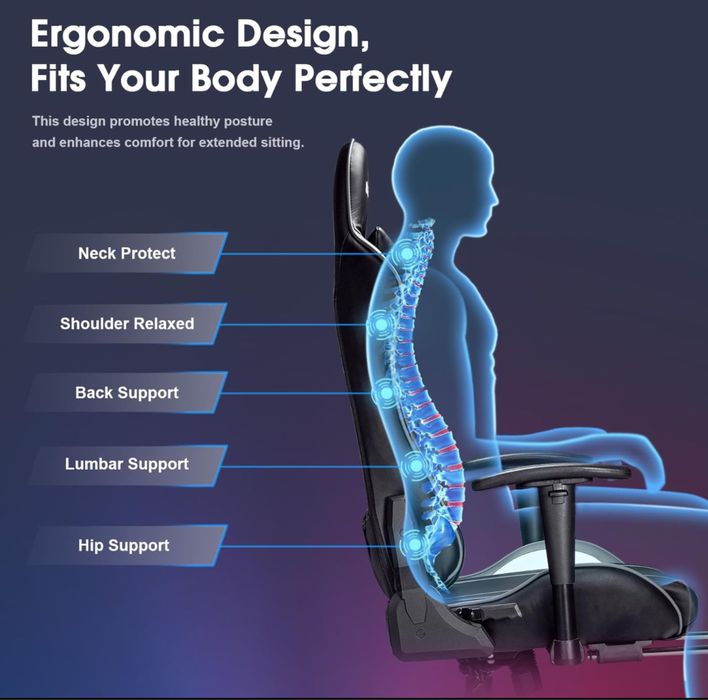 Масажен 7 точков геймърски стол с приставка за крака!