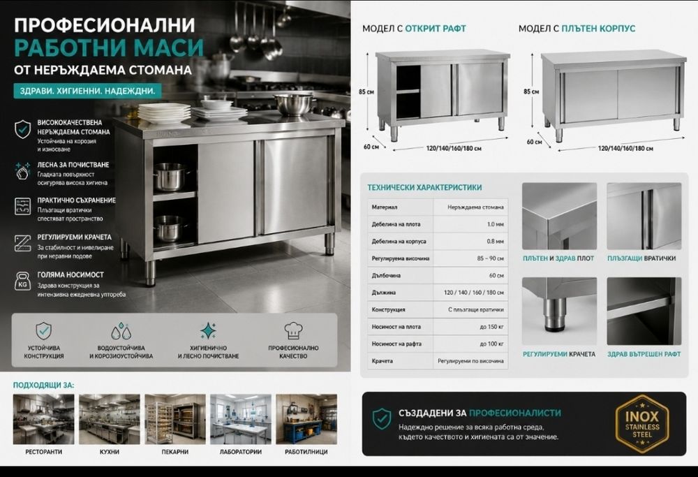 Работна маса с шкаф Неръждаема стомана Чисто нова