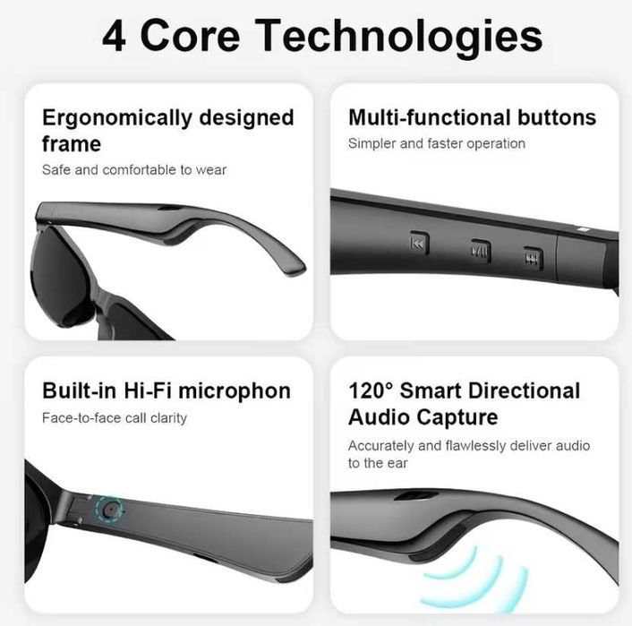 Смарт очила с Bluetooth слушалки – Безжични, микрофон , USB-C, Черни