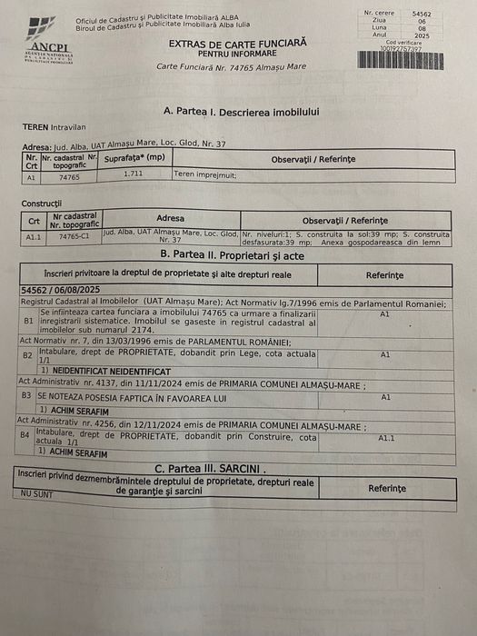 Teren intravilan de vânzare, localitatea Glod județul Alba