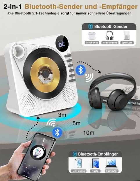 CD плейър Greadio CD86, Bluetooth 5.1, мултифункционален CD плейър с високоговорители, дистанционно управление, HiFi звук