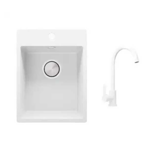 Гранитна мивка за кухня Рига + Смесител 5000 Бял -29% ПРОМО КОМПЛЕКТ