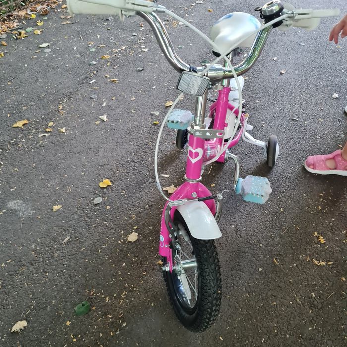 Bicicleta Copii 3-5 ani Velors V1402B, Roti 12 Inch, Frana fata/spate V-Brake, Roti Ajutatoare, Roz/Alb