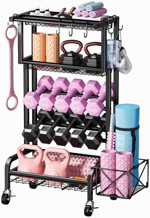 Suport multifuncțional pentru discuri de greutăți cu cârlige și roți