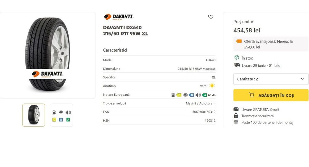 Set 4 Anvelope Vară Davanti DX640 215/50 R17 95W XL, stare excelentă