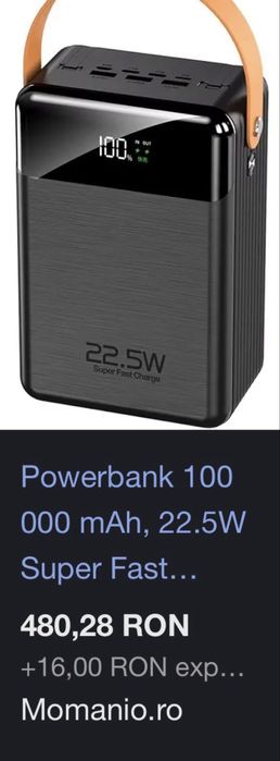 Power bank / baterie externa 100.000mAh 22.5w cabluri lanterna maner