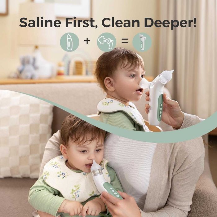 Momcozy BreezyClear™ 2-в-1 електрически назален аспиратор за бебета със спрей, 65kPa засмукване