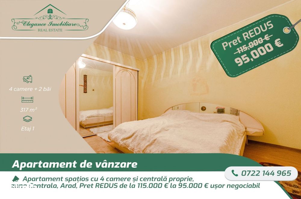 Apartament spatios cu 4 camere si centrala proprie, zona Centrala, Ara