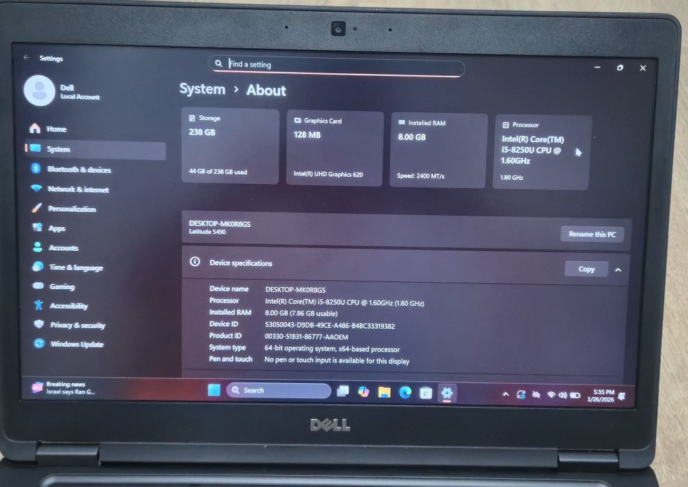 Laptop Dell Latitude 5490  i5 8520U 8GB DDR4 SSD 240GB Windows 11