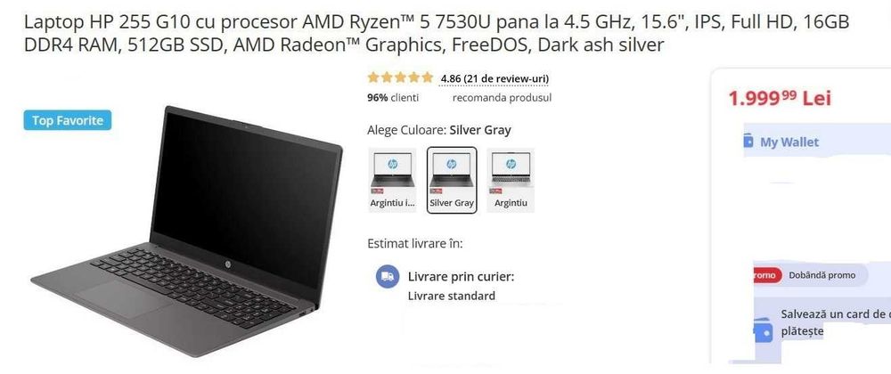 laptop HP 255 G10, AMD Ryzen5 7530U, full HD, 16GB DDR4 RAM (6 buc.)
