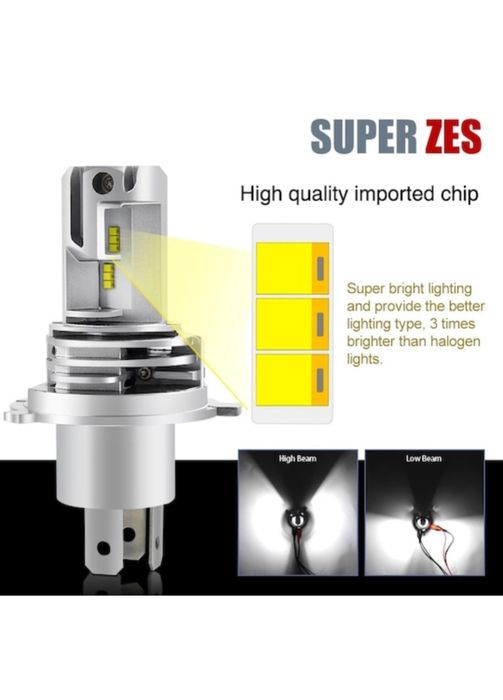 Set 2 bec led slim pentru auto faza scurta / lunga, model H4, putere 10000 lumeni, cu canbus, 6000 k alb pur