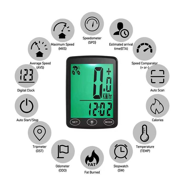 Велокомпютър с 25 функции, Водоустойчив, LED подсветка, LCD 39х48мм.