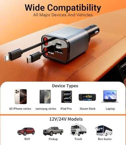 4в1 автомобилно зарядно Type-C + 2 USB