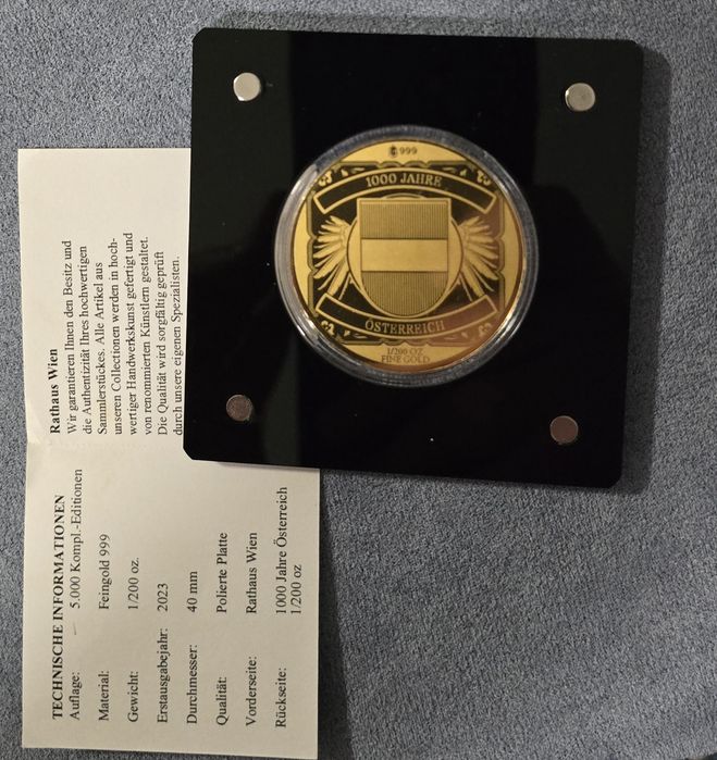 Лимитирана златна монета / медал „Rathaus Wien – 1000 Jahre Österreich“ (1/200 oz, Proof)