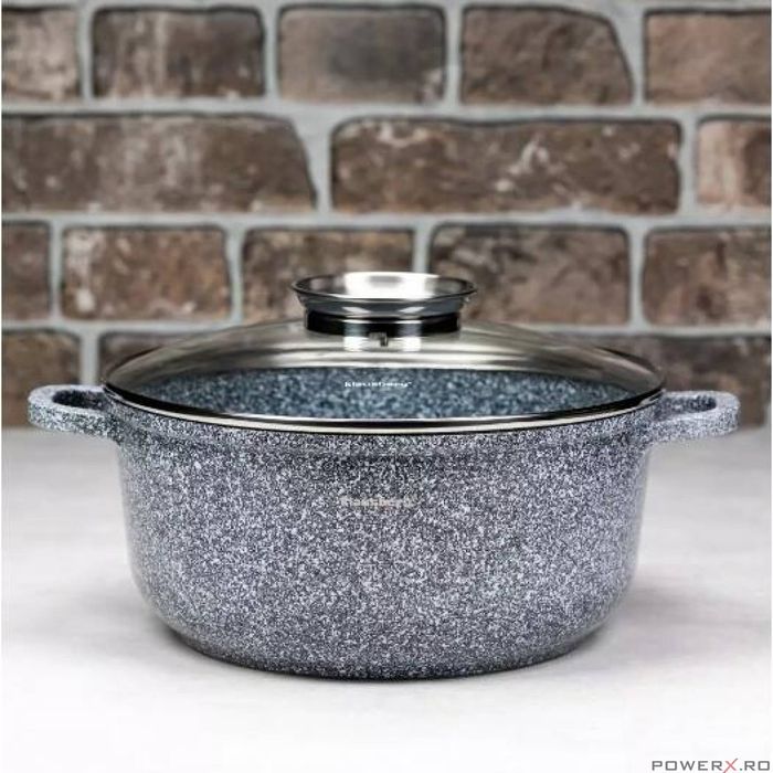 Oala cu capac, din aluminiu acoperita cu marmura, 5.6litri, 26cm, gri,